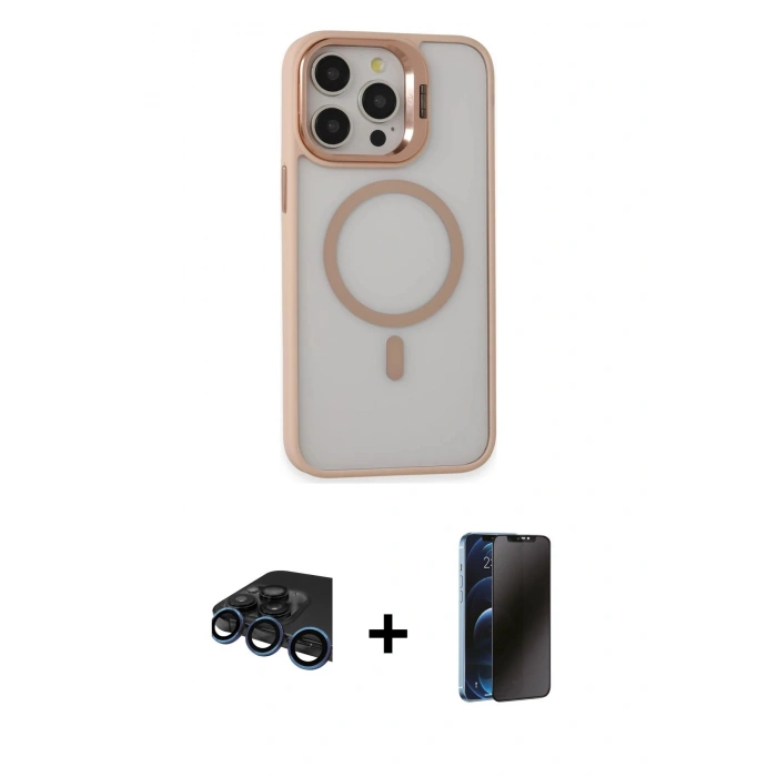 MARSİLYAN™- iPhone 15 Pro Kılıf Ahenk Klasik Özel Seri - Siyah 3D Antistatik Hayalet Cam Ekran Koruyucu + Raze Metal Kamera Lens - LT