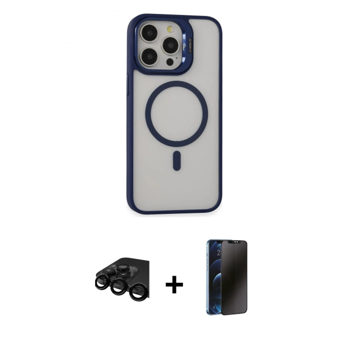 MARSİLYAN™- iPhone 15 Pro Kılıf Ahenk Klasik Özel Seri - Siyah 3D Antistatik Hayalet Cam Ekran Koruyucu + Raze Metal Kamera Lens - SH