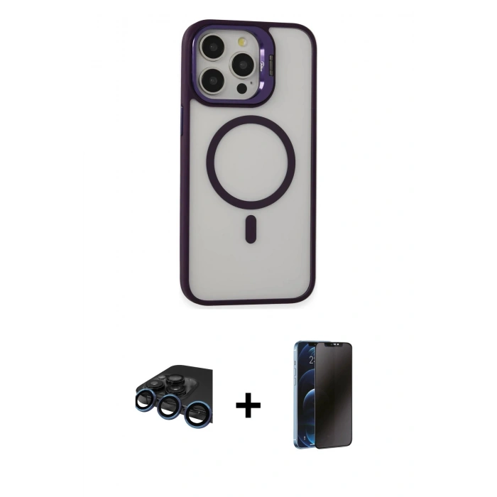 MARSİLYAN™- iPhone 15 Pro Kılıf Ahenk Klasik Özel Seri - Siyah 3D Antistatik Hayalet Cam Ekran Koruyucu + Raze Metal Kamera Lens - LT