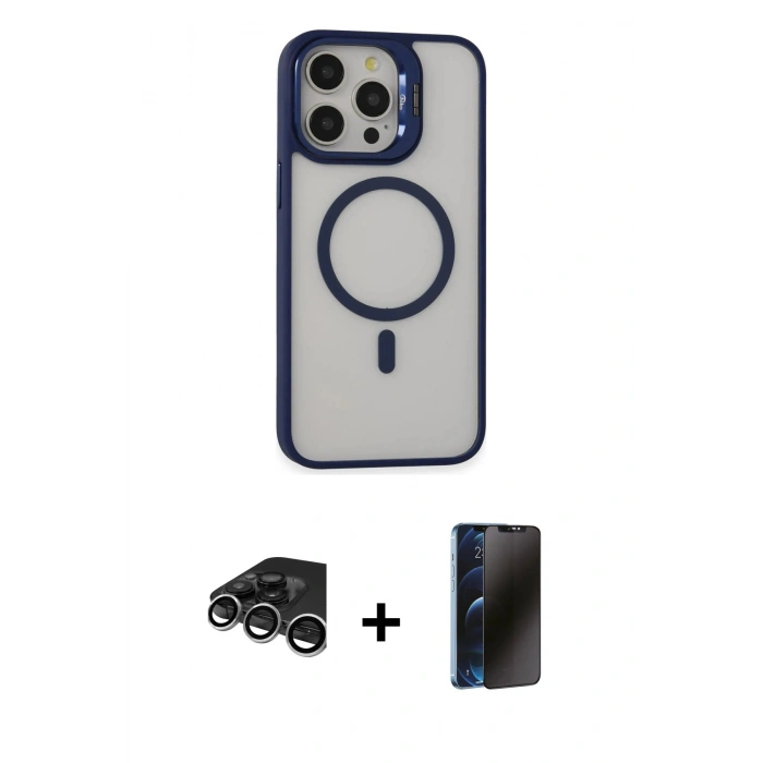 MARSİLYAN™- iPhone 15 Pro Kılıf Ahenk Klasik Özel Seri - Siyah 3D Antistatik Hayalet Cam Ekran Koruyucu + Raze Metal Kamera Lens - GS