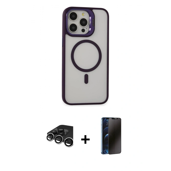 MARSİLYAN™- iPhone 15 Pro Kılıf Ahenk Klasik Özel Seri - Siyah 3D Antistatik Hayalet Cam Ekran Koruyucu + Raze Metal Kamera Lens - GS