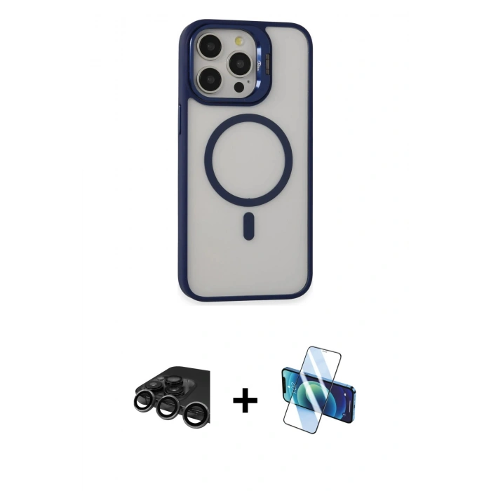MARSİLYAN™- iPhone 15 Pro Kılıf Ahenk Klasik Özel Seri - Siyah 3D Antistatik Seramik Nano Ekran Koruyucu + Raze Metal Kamera Lens - TMGI