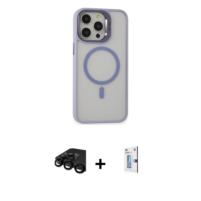 MARSİLYAN™- iPhone 15 Pro Kılıf Ahenk Klasik Özel Seri - Siyah Bilvis 0.18mm Plus Cam Ekran Koruyucu + Raze Metal Kamera Lens - SH