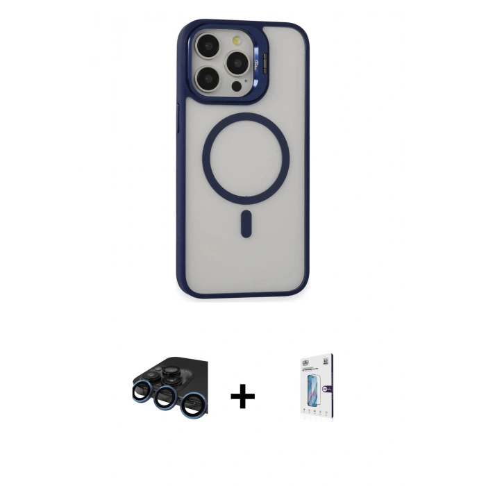 MARSİLYAN™- iPhone 15 Pro Kılıf Ahenk Klasik Özel Seri - Siyah Bilvis 0.18mm Plus Cam Ekran Koruyucu + Raze Metal Kamera Lens - LT