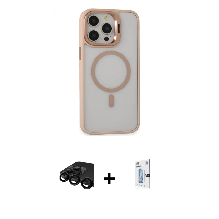 MARSİLYAN™- iPhone 15 Pro Kılıf Ahenk Klasik Özel Seri - Siyah Bilvis 0.18mm Plus Cam Ekran Koruyucu + Raze Metal Kamera Lens - SH