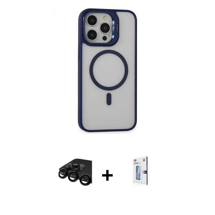 MARSİLYAN™- iPhone 15 Pro Kılıf Ahenk Klasik Özel Seri - Siyah Bilvis 0.18mm Plus Cam Ekran Koruyucu + Raze Metal Kamera Lens - SH