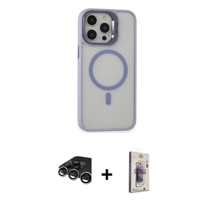 MARSİLYAN™- iPhone 15 Pro Kılıf Ahenk Klasik Özel Seri - Siyah Bilvis 3D Cam Ekran Koruyucu + Gümüş Raze Metal Kamera Lens