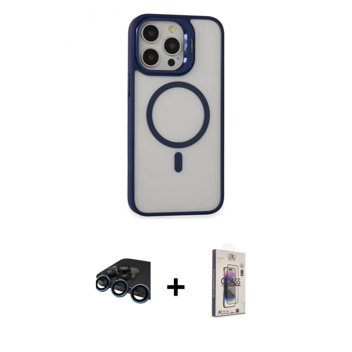 MARSİLYAN™- iPhone 15 Pro Kılıf Ahenk Klasik Özel Seri - Siyah Bilvis 3D Cam Ekran Koruyucu + Raze Metal Kamera Lens - LT