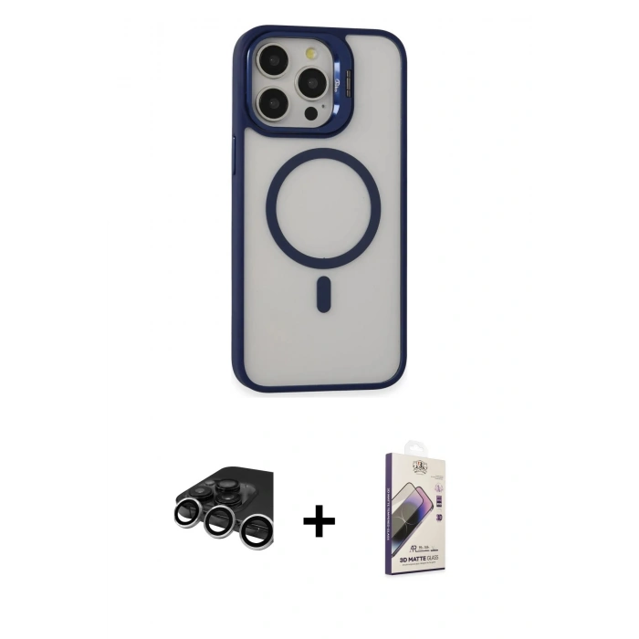 MARSİLYAN™- iPhone 15 Pro Kılıf Ahenk Klasik Özel Seri - Siyah Bilvis 3D Mat Cam Ekran Koruyucu + Raze Metal Kamera Lens - GS