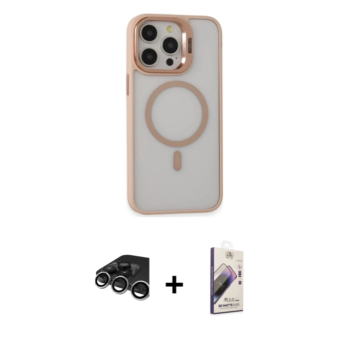 MARSİLYAN™- iPhone 15 Pro Kılıf Ahenk Klasik Özel Seri - Siyah Bilvis 3D Mat Cam Ekran Koruyucu + Raze Metal Kamera Lens - GS