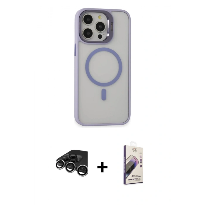 MARSİLYAN™- iPhone 15 Pro Kılıf Ahenk Klasik Özel Seri - Siyah Bilvis 3D Mat Cam Ekran Koruyucu + Raze Metal Kamera Lens - GS