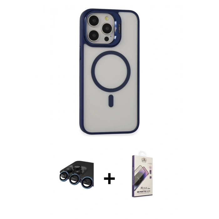 MARSİLYAN™- iPhone 15 Pro Kılıf Ahenk Klasik Özel Seri - Siyah Bilvis 3D Mat Cam Ekran Koruyucu + Raze Metal Kamera Lens - LT