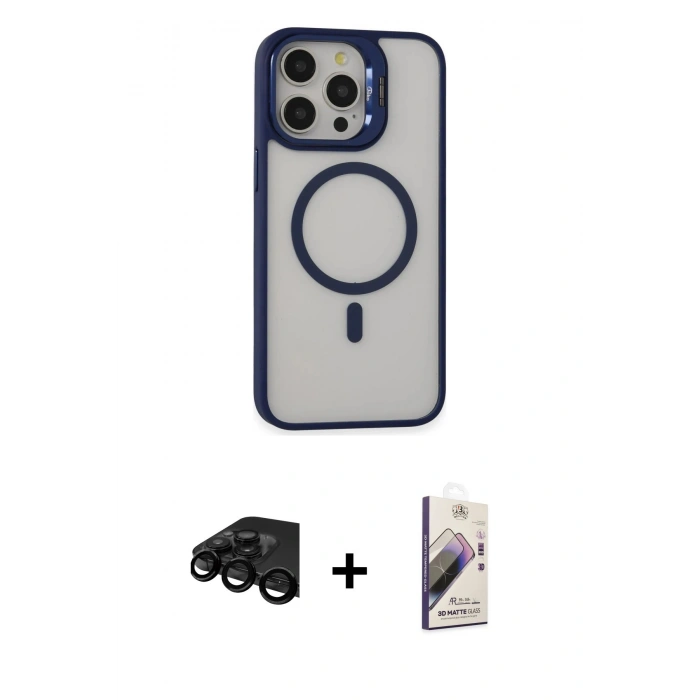 MARSİLYAN™- iPhone 15 Pro Kılıf Ahenk Klasik Özel Seri - Siyah Bilvis 3D Mat Cam Ekran Koruyucu + Siyah Raze Metal Kamera Lens