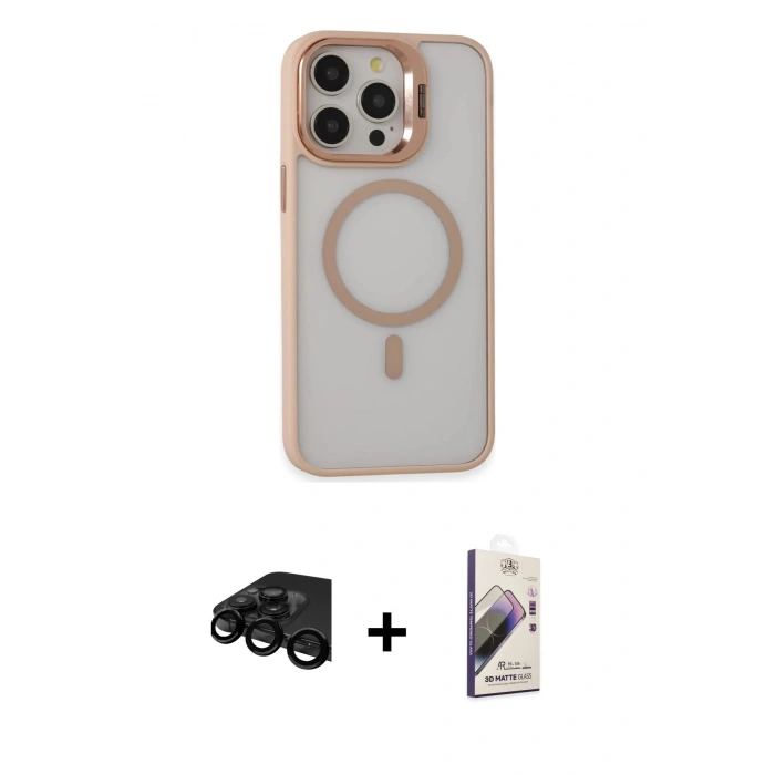 MARSİLYAN™- iPhone 15 Pro Kılıf Ahenk Klasik Özel Seri - Siyah Bilvis 3D Mat Cam Ekran Koruyucu + Siyah Raze Metal Kamera Lens