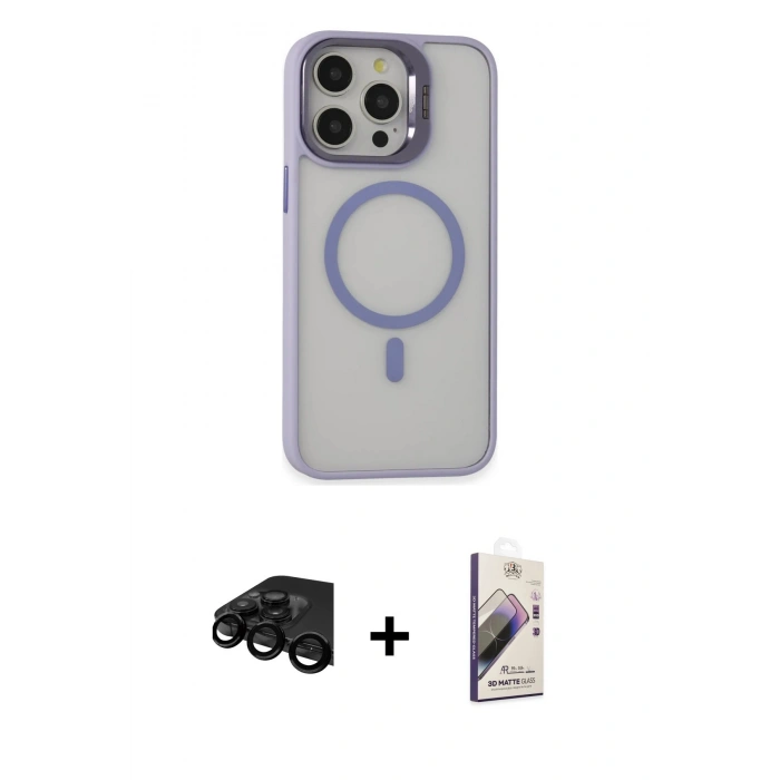 MARSİLYAN™- iPhone 15 Pro Kılıf Ahenk Klasik Özel Seri - Siyah Bilvis 3D Mat Cam Ekran Koruyucu + Siyah Raze Metal Kamera Lens
