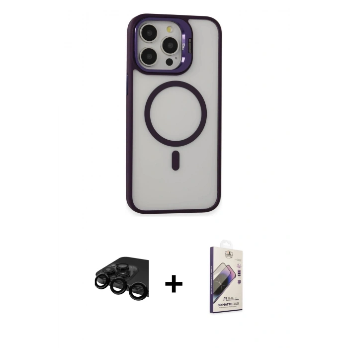 MARSİLYAN™- iPhone 15 Pro Kılıf Ahenk Klasik Özel Seri - Siyah Bilvis 3D Mat Cam Ekran Koruyucu + Siyah Raze Metal Kamera Lens