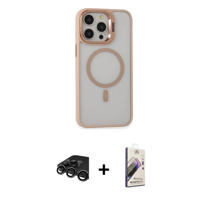 MARSİLYAN™- iPhone 15 Pro Kılıf Ahenk Klasik Özel Seri - Siyah Bilvis 3D Mat Cam Ekran Koruyucu + Raze Metal Kamera Lens - TMGI