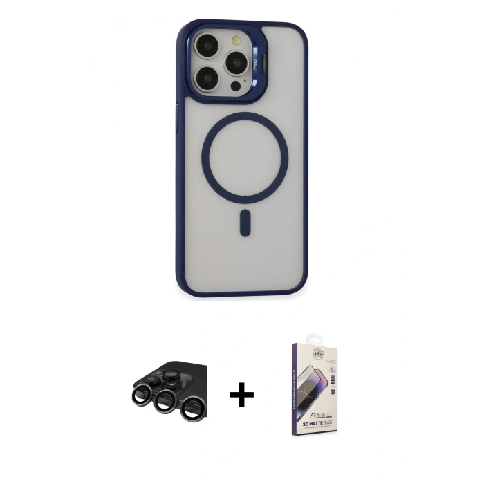 MARSİLYAN™- iPhone 15 Pro Kılıf Ahenk Klasik Özel Seri - Siyah Bilvis 3D Mat Cam Ekran Koruyucu + Raze Metal Kamera Lens - TMGI
