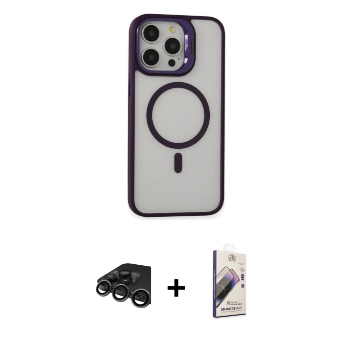 MARSİLYAN™- iPhone 15 Pro Kılıf Ahenk Klasik Özel Seri - Siyah Bilvis 3D Mat Cam Ekran Koruyucu + Raze Metal Kamera Lens - TMGI