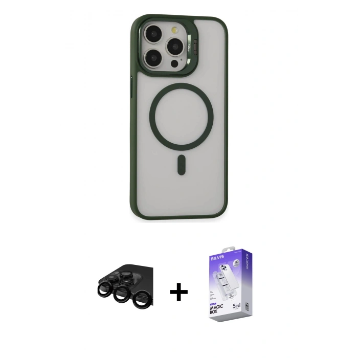 MARSİLYAN™- iPhone 15 Pro Kılıf Ahenk Klasik Özel Seri - Siyah Bilvis 5in1 3D Magic Cam Ekran Koruyucu + Raze Metal Kamera Lens - SH