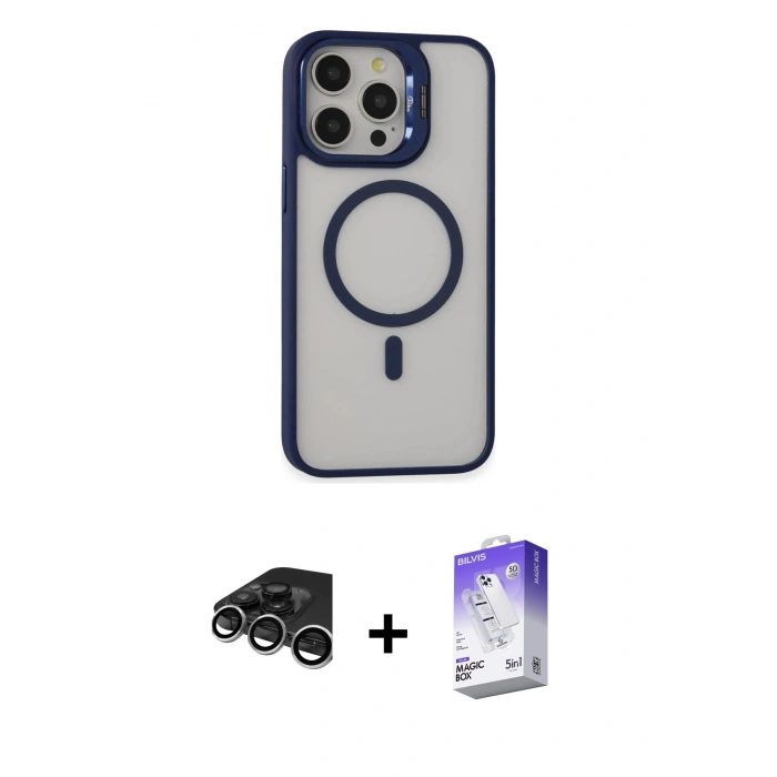 MARSİLYAN™- iPhone 15 Pro Kılıf Ahenk Klasik Özel Seri - Siyah Bilvis 5in1 3D Magic Cam Ekran Koruyucu + Raze Metal Kamera Lens - GS