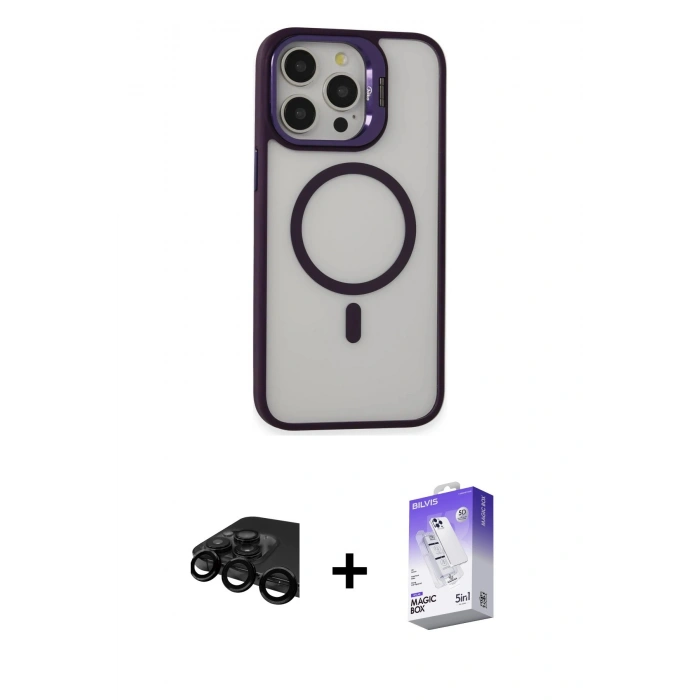 MARSİLYAN™- iPhone 15 Pro Kılıf Ahenk Klasik Özel Seri - Siyah Bilvis 5in1 3D Magic Cam Ekran Koruyucu + Raze Metal Kamera Lens - SH
