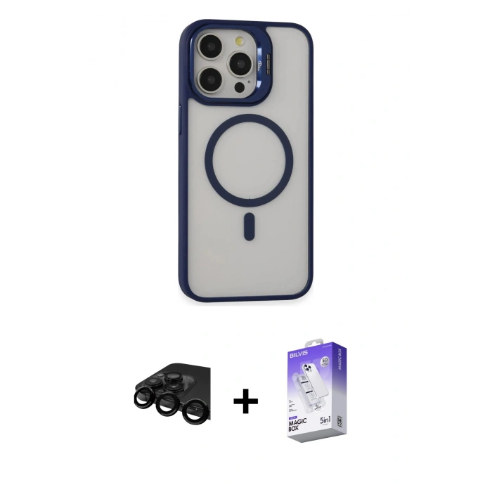 MARSİLYAN™- iPhone 15 Pro Kılıf Ahenk Klasik Özel Seri - Siyah Bilvis 5in1 3D Magic Cam Ekran Koruyucu + Raze Metal Kamera Lens - SH