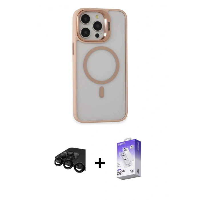 MARSİLYAN™- iPhone 15 Pro Kılıf Ahenk Klasik Özel Seri - Siyah Bilvis 5in1 3D Magic Cam Ekran Koruyucu + Raze Metal Kamera Lens - SH