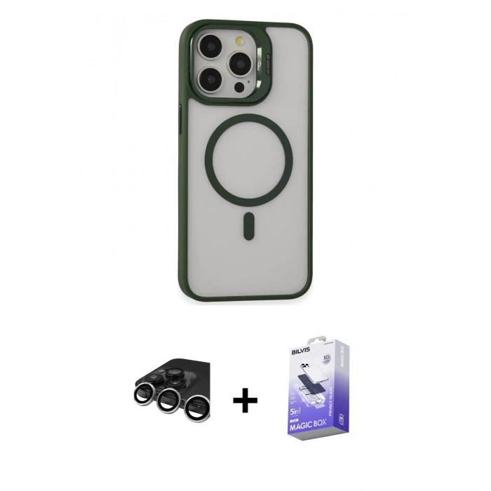 MARSİLYAN™- iPhone 15 Pro Kılıf Ahenk Klasik Özel Seri - Siyah Bilvis 5in1 5D Magic Hayalet Cam Ekran Koruyucu + Raze Metal Kamera Lens - GS