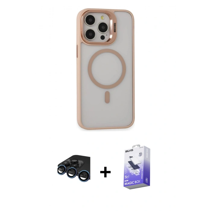 MARSİLYAN™- iPhone 15 Pro Kılıf Ahenk Klasik Özel Seri - Siyah Bilvis 5in1 5D Magic Hayalet Cam Ekran Koruyucu + Raze Metal Kamera Lens - LT
