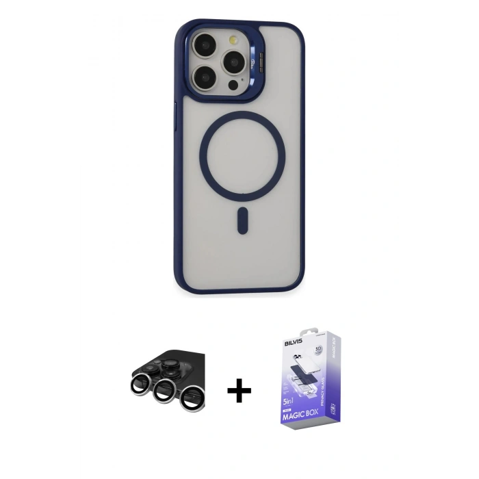 MARSİLYAN™- iPhone 15 Pro Kılıf Ahenk Klasik Özel Seri - Siyah Bilvis 5in1 5D Magic Hayalet Cam Ekran Koruyucu + Raze Metal Kamera Lens - GS