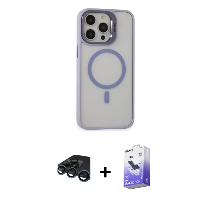MARSİLYAN™- iPhone 15 Pro Kılıf Ahenk Klasik Özel Seri - Siyah Bilvis 5in1 5D Magic Hayalet Cam Ekran Koruyucu + Raze Metal Kamera Lens - LT