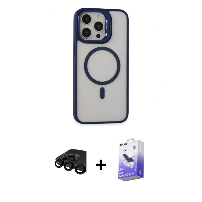 MARSİLYAN™- iPhone 15 Pro Kılıf Ahenk Klasik Özel Seri - Siyah Bilvis 5in1 5D Magic Hayalet Cam Ekran Koruyucu + Raze Metal Kamera Lens - SH