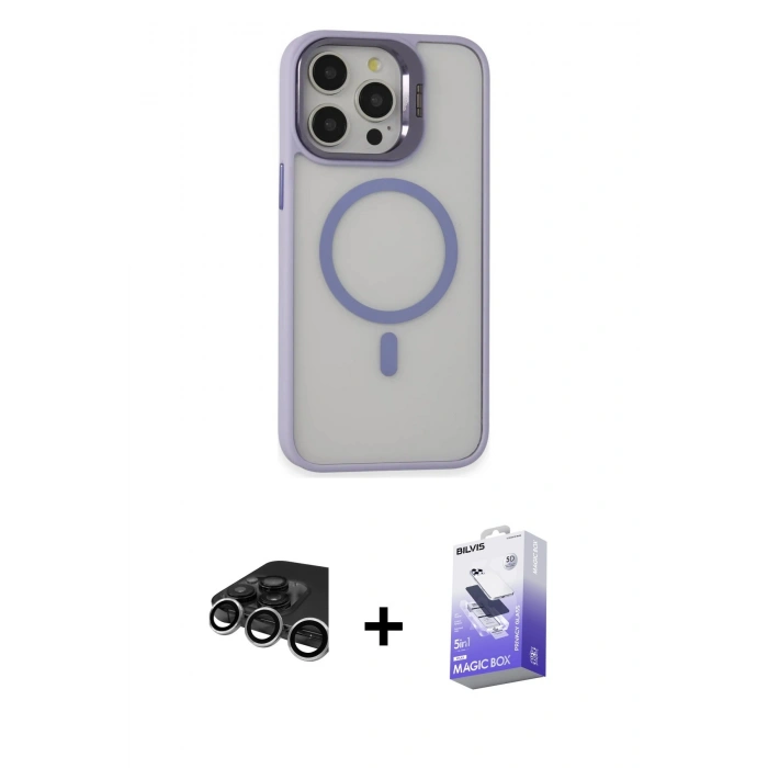 MARSİLYAN™- iPhone 15 Pro Kılıf Ahenk Klasik Özel Seri - Siyah Bilvis 5in1 5D Magic Hayalet Cam Ekran Koruyucu + Raze Metal Kamera Lens - GS