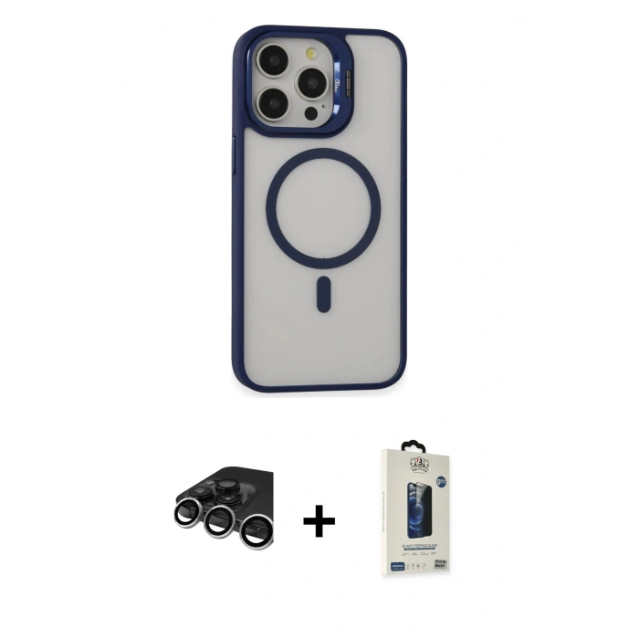 MARSİLYAN™- iPhone 15 Pro Kılıf Ahenk Klasik Özel Seri - Siyah Bilvis Hayalet Cam Ekran Koruyucu + Raze Metal Kamera Lens - GS