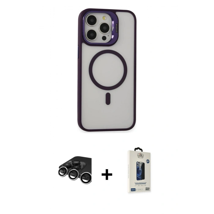MARSİLYAN™- iPhone 15 Pro Kılıf Ahenk Klasik Özel Seri - Siyah Bilvis Hayalet Cam Ekran Koruyucu + Raze Metal Kamera Lens - GS