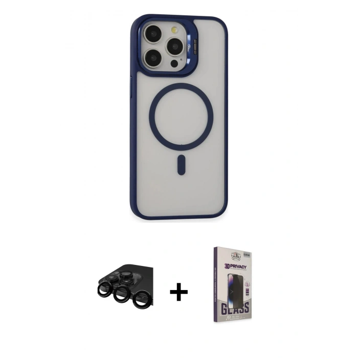 MARSİLYAN™- iPhone 15 Pro Kılıf Ahenk Klasik Özel Seri - Siyah Bilvis Hayalet Cam Ekran Koruyucu + Raze Metal Kamera Lens - SH