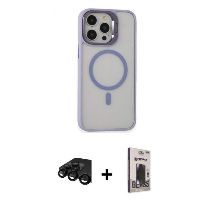MARSİLYAN™- iPhone 15 Pro Kılıf Ahenk Klasik Özel Seri - Siyah Bilvis Hayalet Cam Ekran Koruyucu + Raze Metal Kamera Lens - SH
