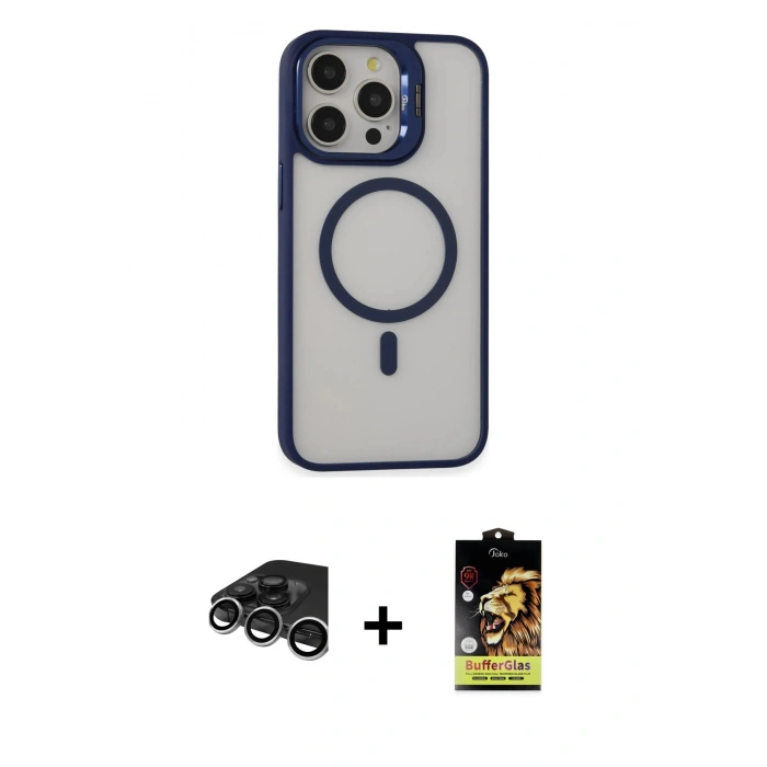 MARSİLYAN™- iPhone 15 Pro Kılıf Ahenk Klasik Özel Seri - Siyah Buffer Cam Ekran Koruyucu + Raze Metal Kamera Lens - GS