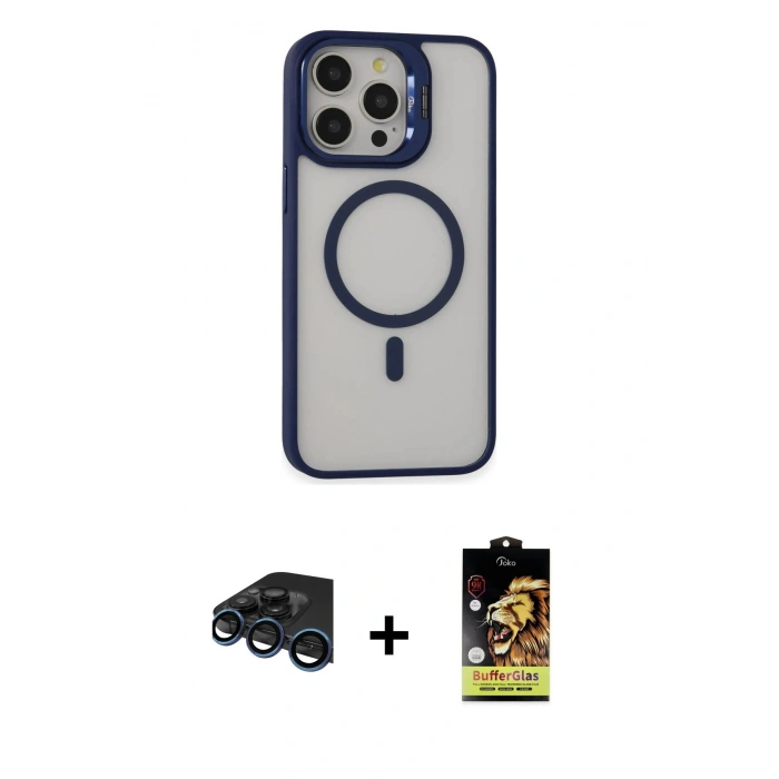 MARSİLYAN™- iPhone 15 Pro Kılıf Ahenk Klasik Özel Seri - Siyah Buffer Cam Ekran Koruyucu + Raze Metal Kamera Lens - LT
