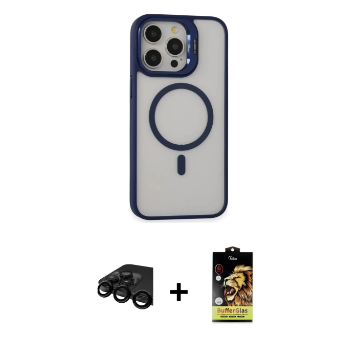 MARSİLYAN™- iPhone 15 Pro Kılıf Ahenk Klasik Özel Seri - Siyah Buffer Cam Ekran Koruyucu + Raze Metal Kamera Lens - SH