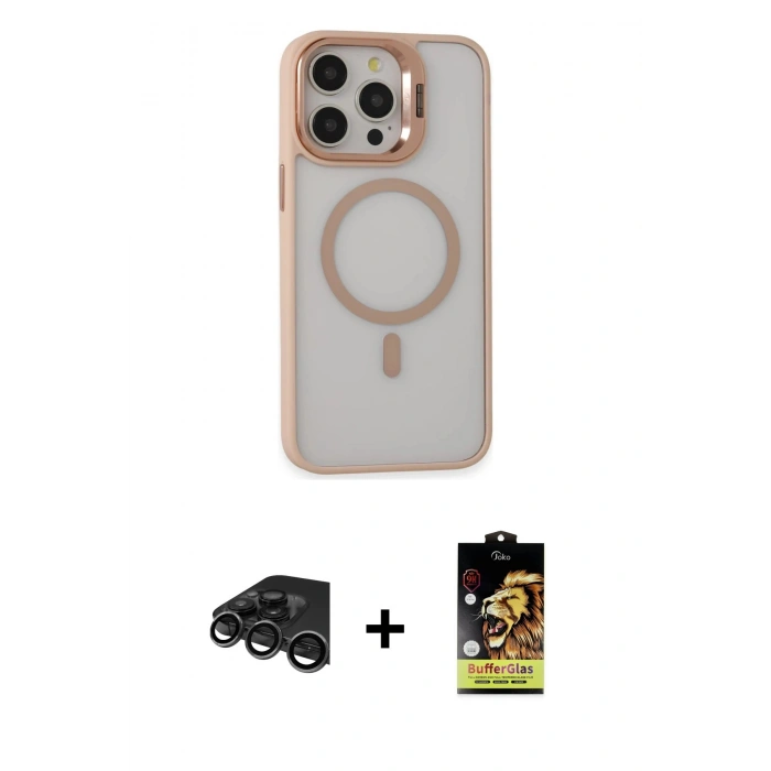 MARSİLYAN™- iPhone 15 Pro Kılıf Ahenk Klasik Özel Seri - Siyah Buffer Cam Ekran Koruyucu + Raze Metal Kamera Lens - TMGI