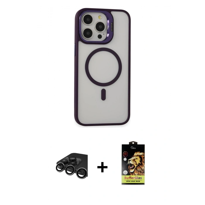MARSİLYAN™- iPhone 15 Pro Kılıf Ahenk Klasik Özel Seri - Siyah Buffer Cam Ekran Koruyucu + Raze Metal Kamera Lens - TMGI