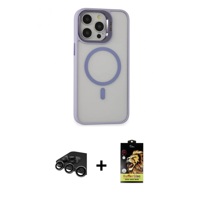 MARSİLYAN™- iPhone 15 Pro Kılıf Ahenk Klasik Özel Seri - Siyah Buffer Cam Ekran Koruyucu + Raze Metal Kamera Lens - TMGI