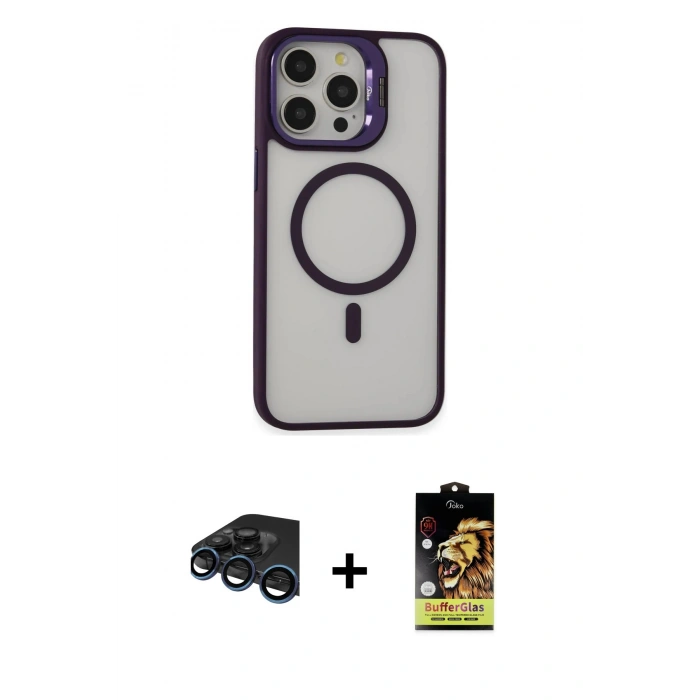 MARSİLYAN™- iPhone 15 Pro Kılıf Ahenk Klasik Özel Seri - Siyah Buffer Cam Ekran Koruyucu + Raze Metal Kamera Lens - LT