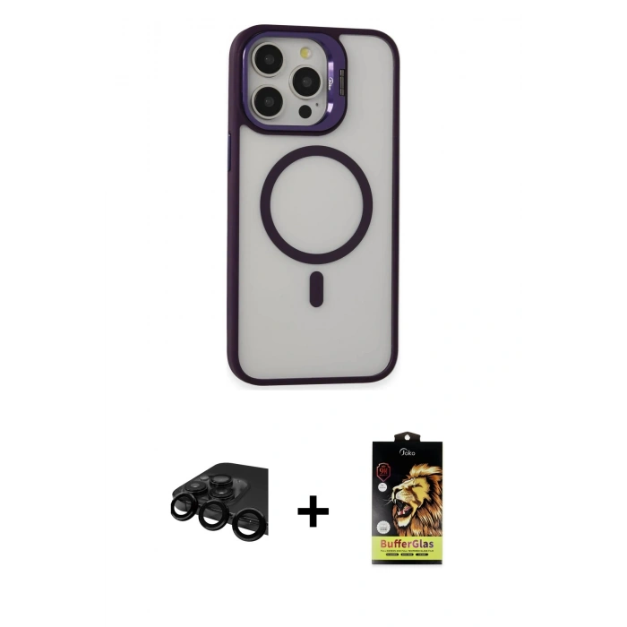 MARSİLYAN™- iPhone 15 Pro Kılıf Ahenk Klasik Özel Seri - Siyah Buffer Cam Ekran Koruyucu + Raze Metal Kamera Lens - SH