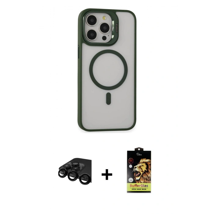 MARSİLYAN™- iPhone 15 Pro Kılıf Ahenk Klasik Özel Seri - Siyah Buffer Cam Ekran Koruyucu + Raze Metal Kamera Lens - SH