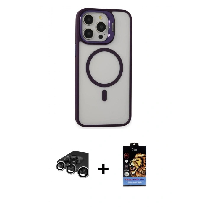 MARSİLYAN™- iPhone 15 Pro Kılıf Ahenk Klasik Özel Seri - Siyah Buffer Hayalet Cam Ekran Koruyucu + Raze Metal Kamera Lens - GS