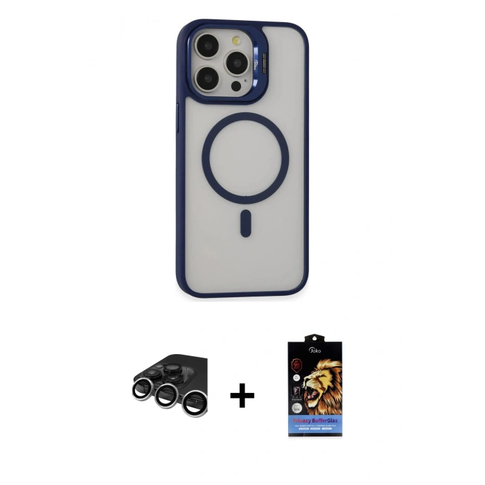 MARSİLYAN™- iPhone 15 Pro Kılıf Ahenk Klasik Özel Seri - Siyah Buffer Hayalet Cam Ekran Koruyucu + Raze Metal Kamera Lens - GS
