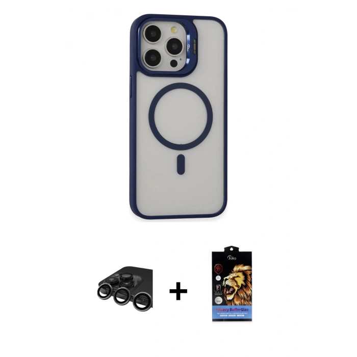 MARSİLYAN™- iPhone 15 Pro Kılıf Ahenk Klasik Özel Seri - Siyah Buffer Hayalet Cam Ekran Koruyucu + Raze Metal Kamera Lens - TMGI